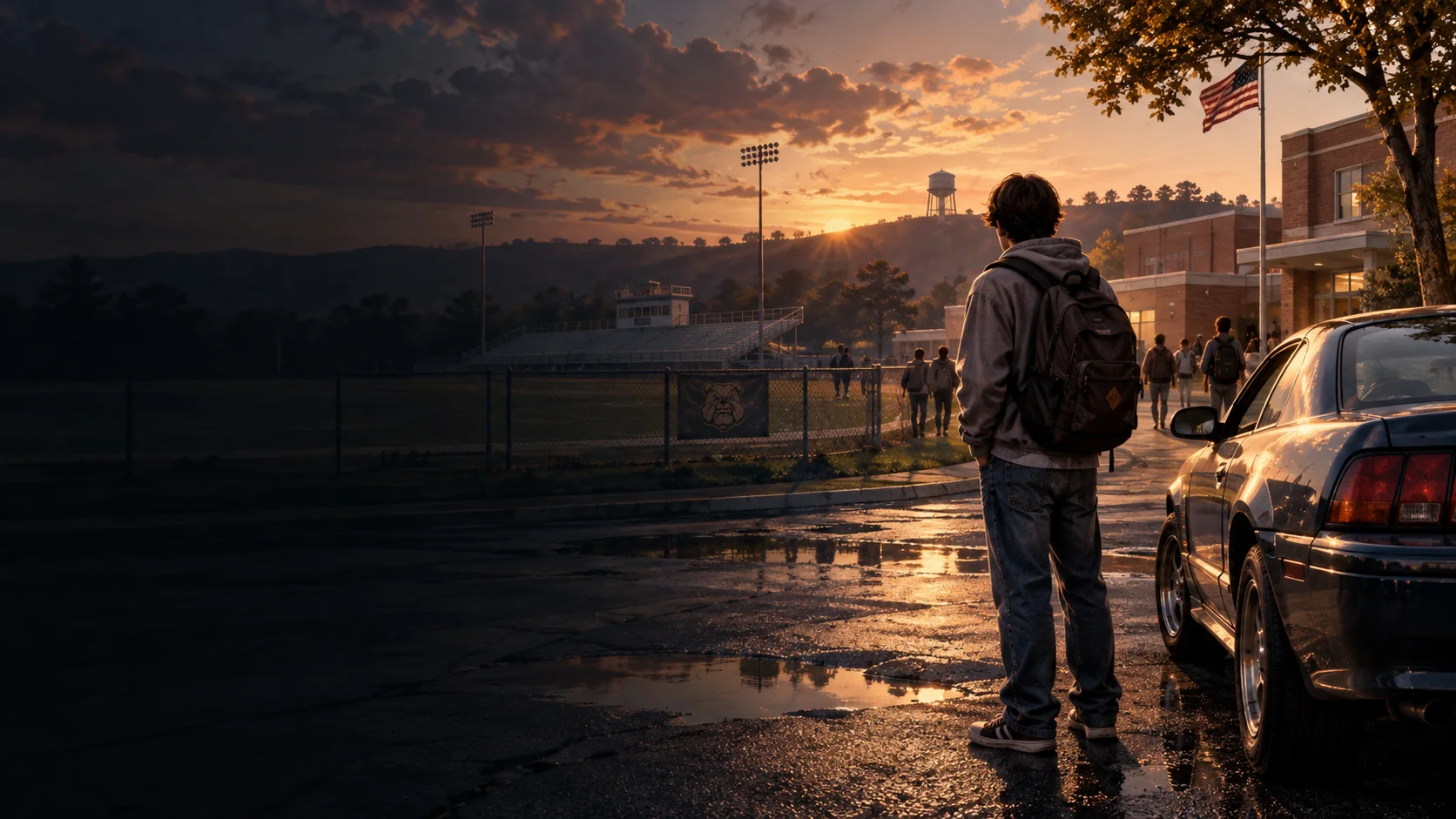 Atmospheric AI editorial artwork for Agefield High: Rock the School — Xbox