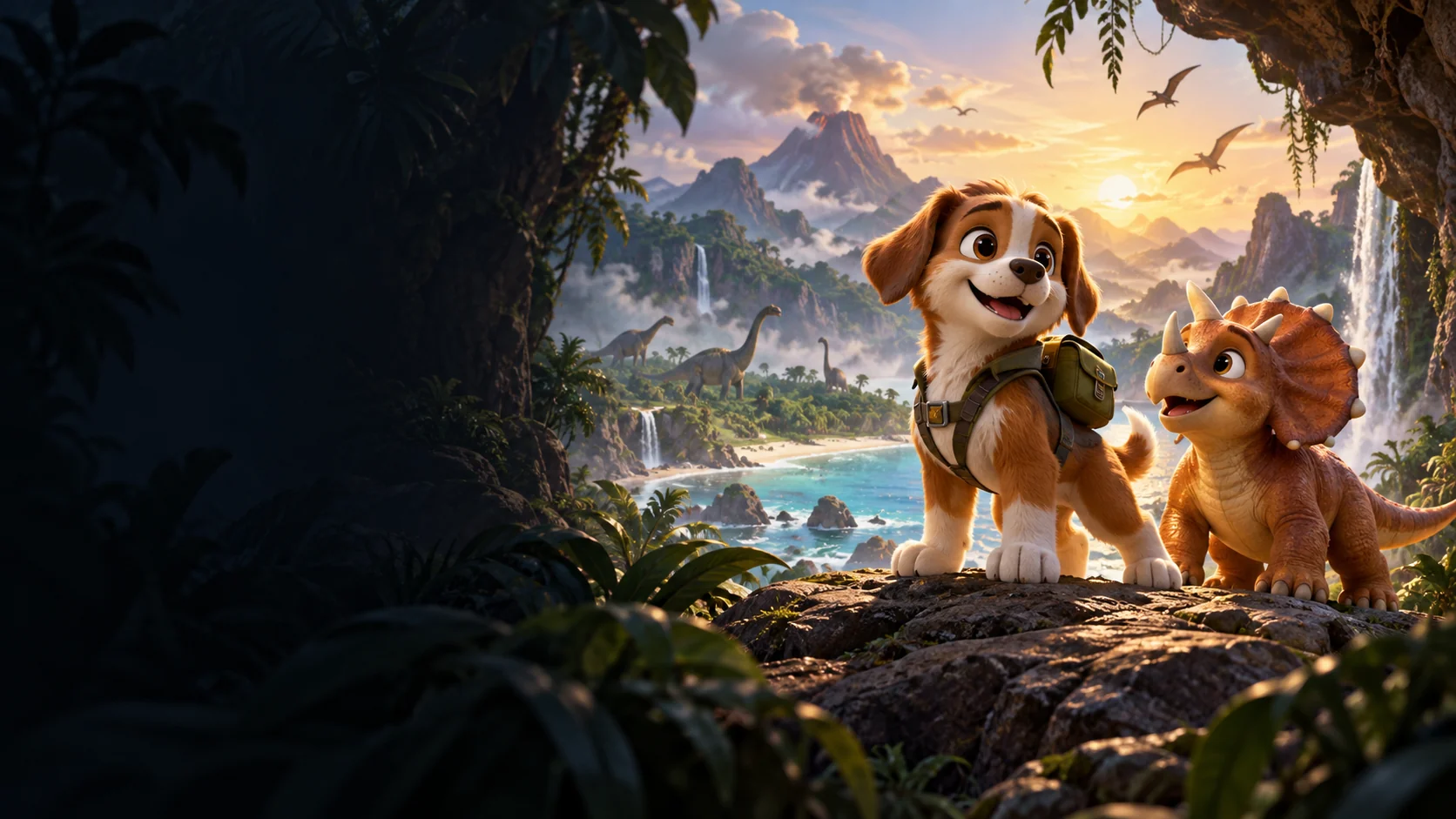 Atmospheric AI editorial artwork for PAW Patrol: Dino World — Nintendo Switch 2