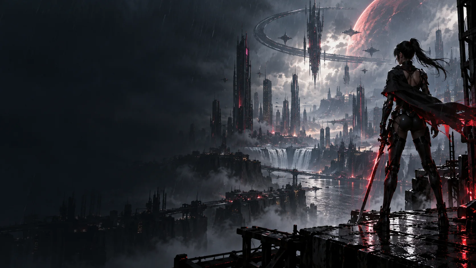 AI editorial illustration for Stellar Blade: BLOOD RAIN; not official gameplay