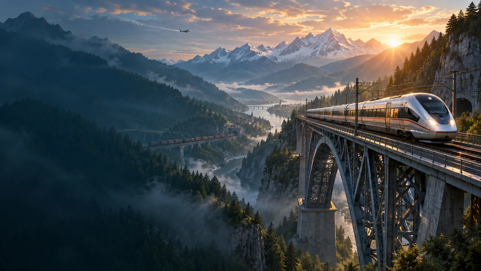 AI editorial illustration for Transport Fever 3; not official gameplay