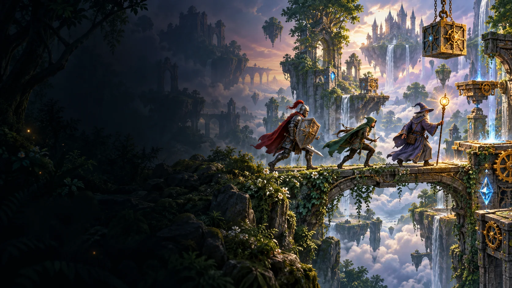 Atmospheric AI editorial artwork for Trine 6: Together in Time
