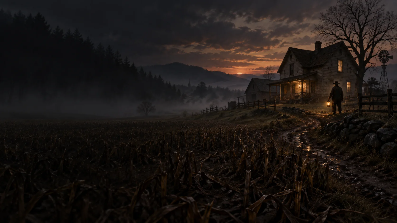AI editorial illustration for We Harvest Shadows; not official gameplay