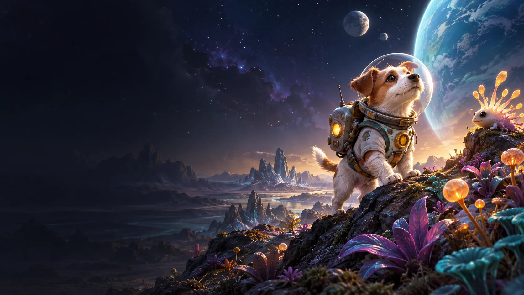 AI editorial illustration for Goodboy Galaxy (Nintendo Switch); not official gameplay