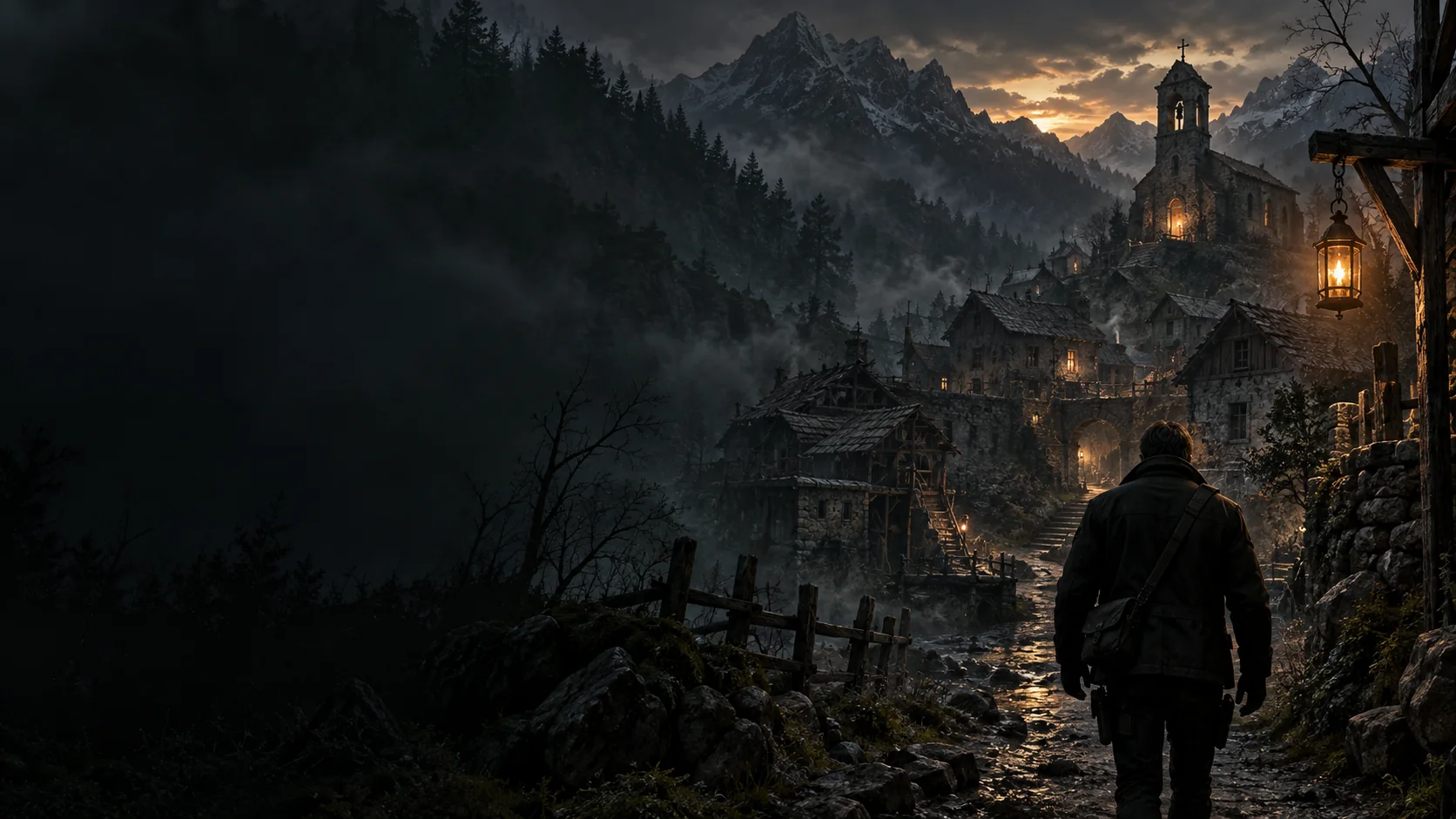 Atmospheric AI editorial artwork for Resident Evil 4 (Gold Edition, Nintendo Switch 2)